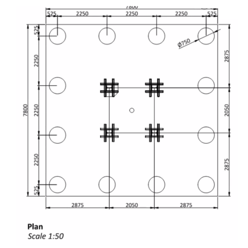 Engineer drawing of a piled tower crane foundation