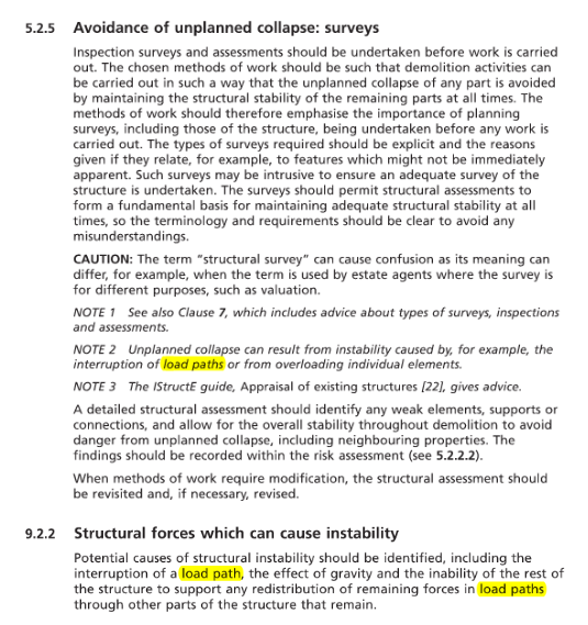 Excerpt from BS6187 covering load paths sections 5.2.5 and 9.2.2